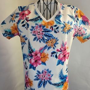 Tropical Print Fabric Overlay Tee-shirt